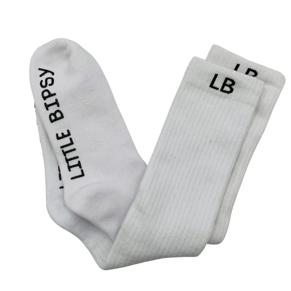 Little Bipsy Kids White Ribbed Crew Socks LB Logo OS One Size Unisex